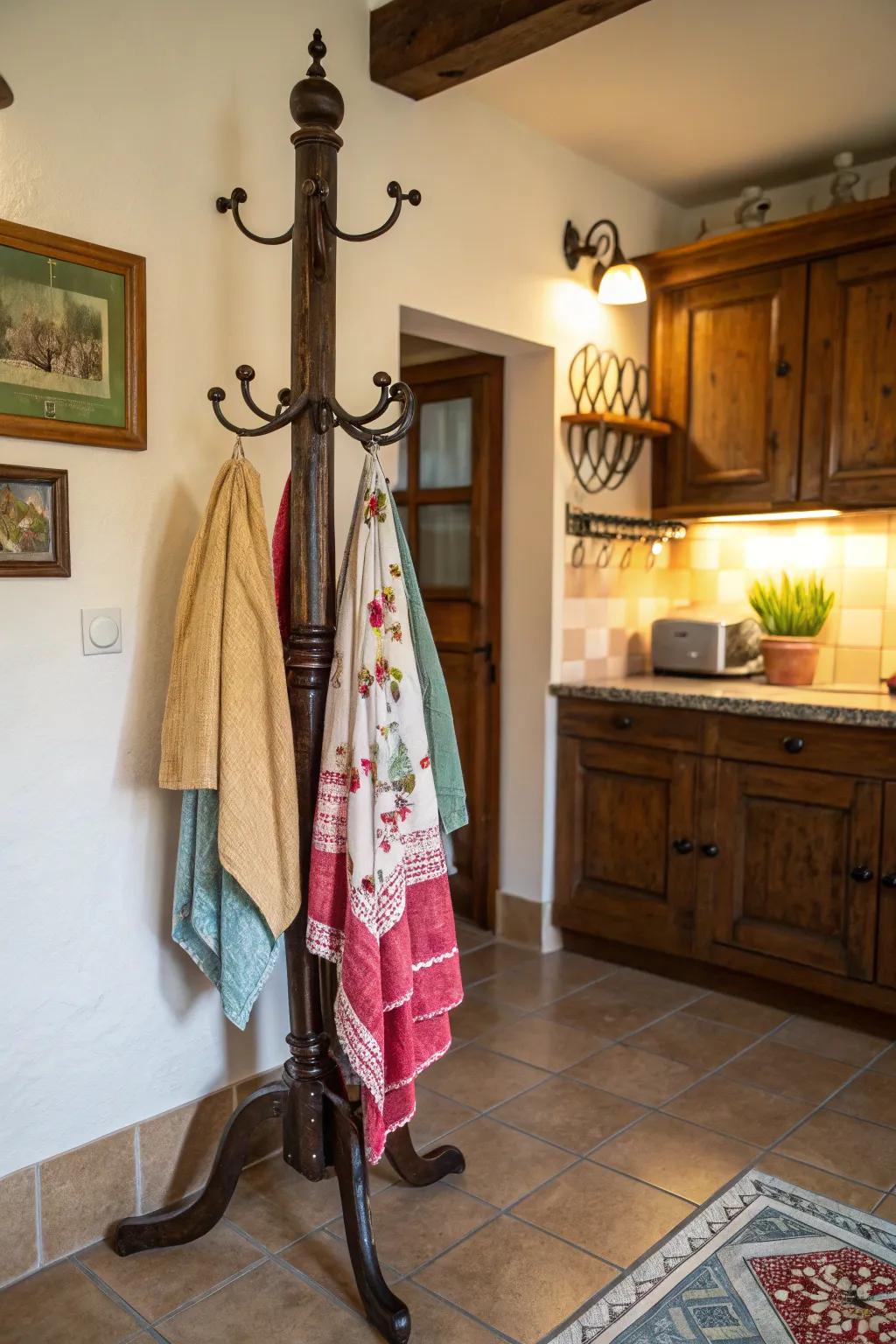 Transfigure a outerwear rack into a distinctive kitchen towel sustainer for a retro flourish.