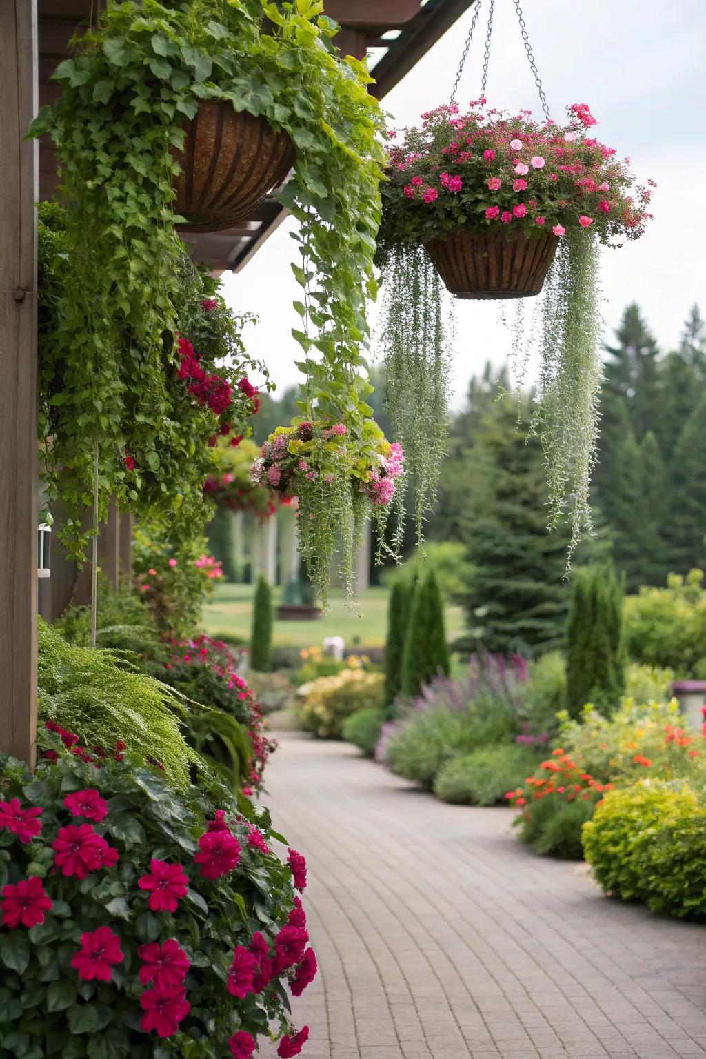 Suspended gardens inject vertical intrigue and lush greenery.