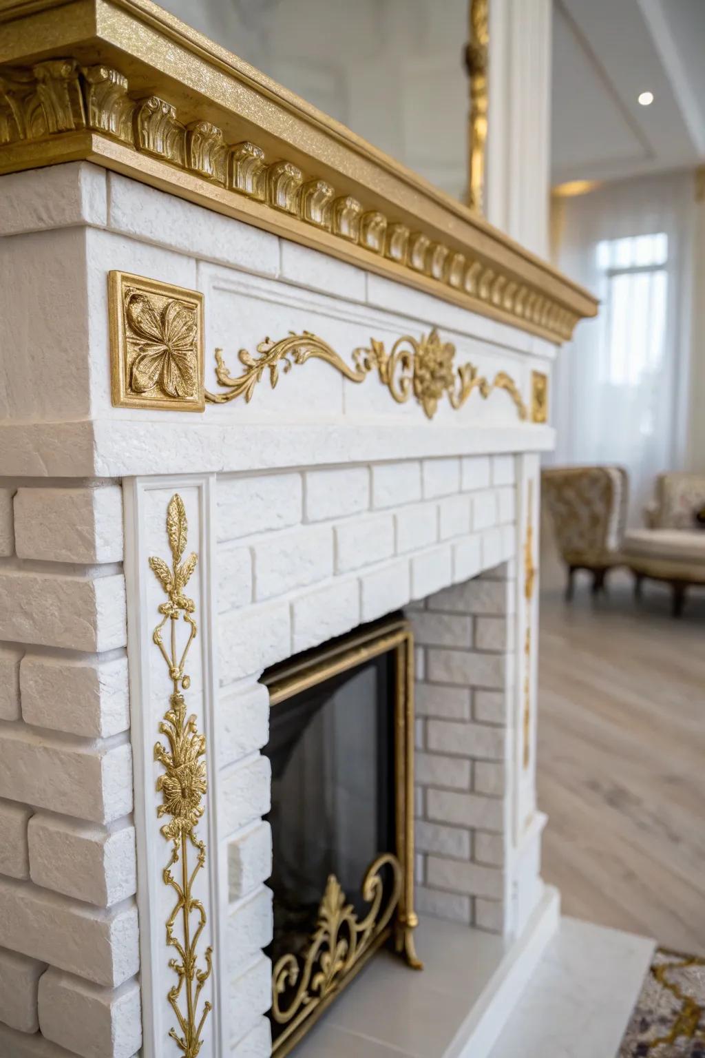 Golden accents infuse a luxurious flair to the white brick fireplace.