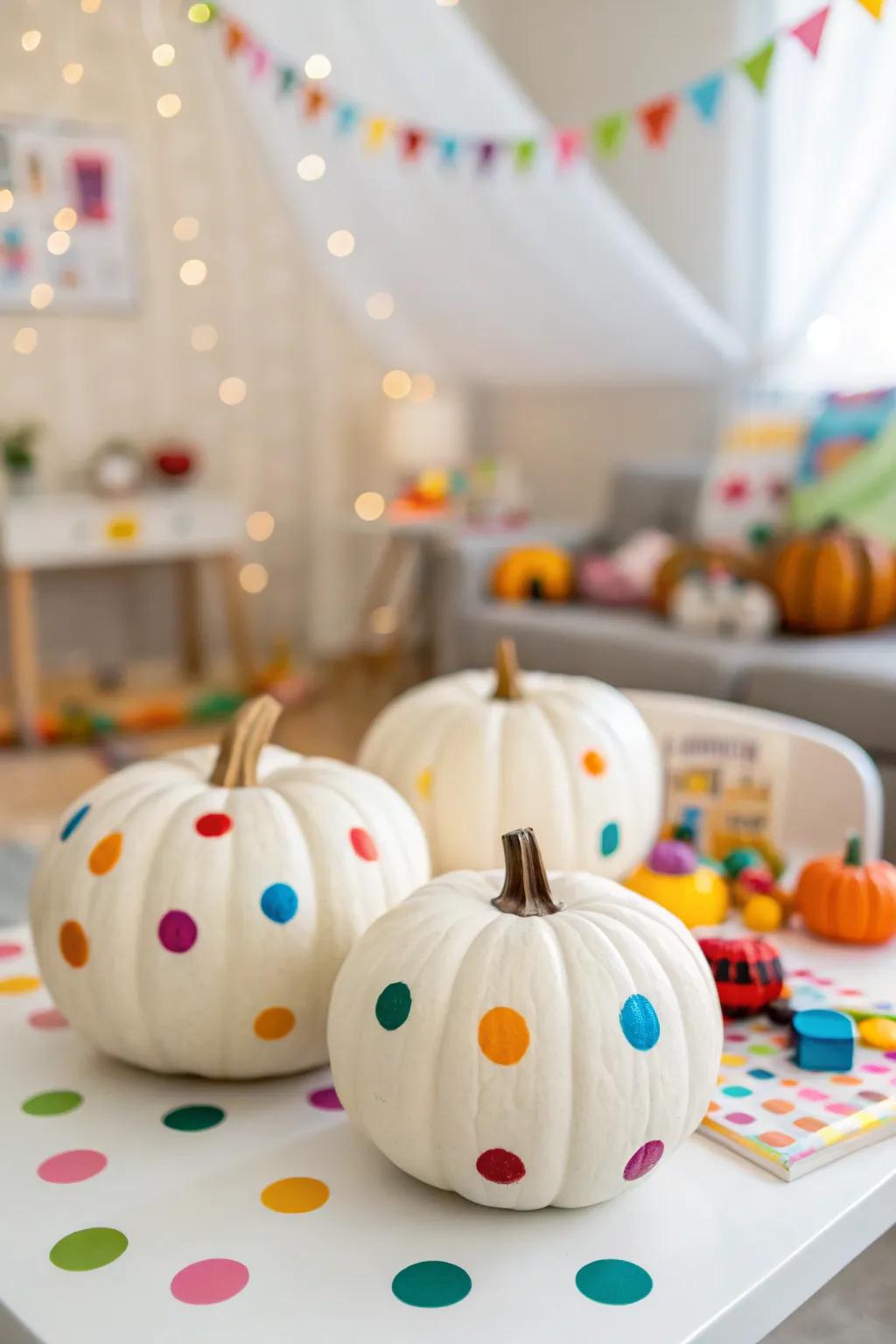 Colorful rounded spot pumpkins for a fun vibe.