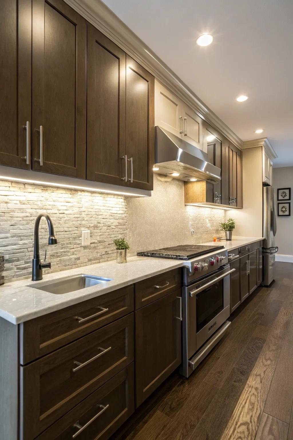 Stone composite backsplash beautifully emphasized with undercabinet lighting.