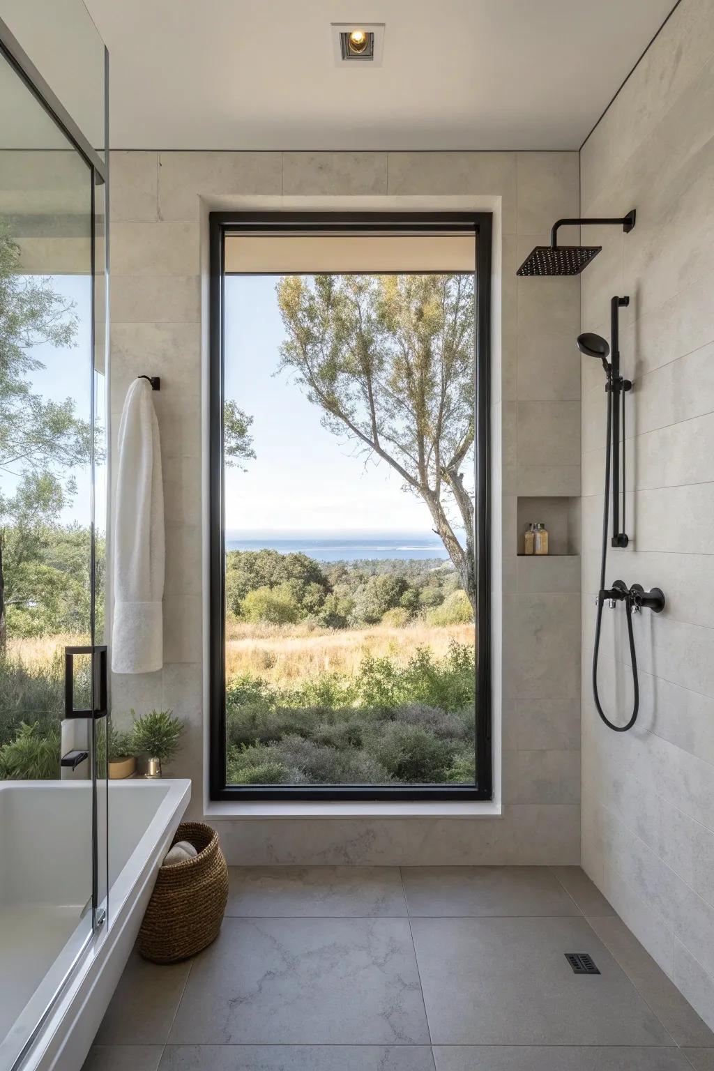 Understated frames bring attention to the view from the shower window.