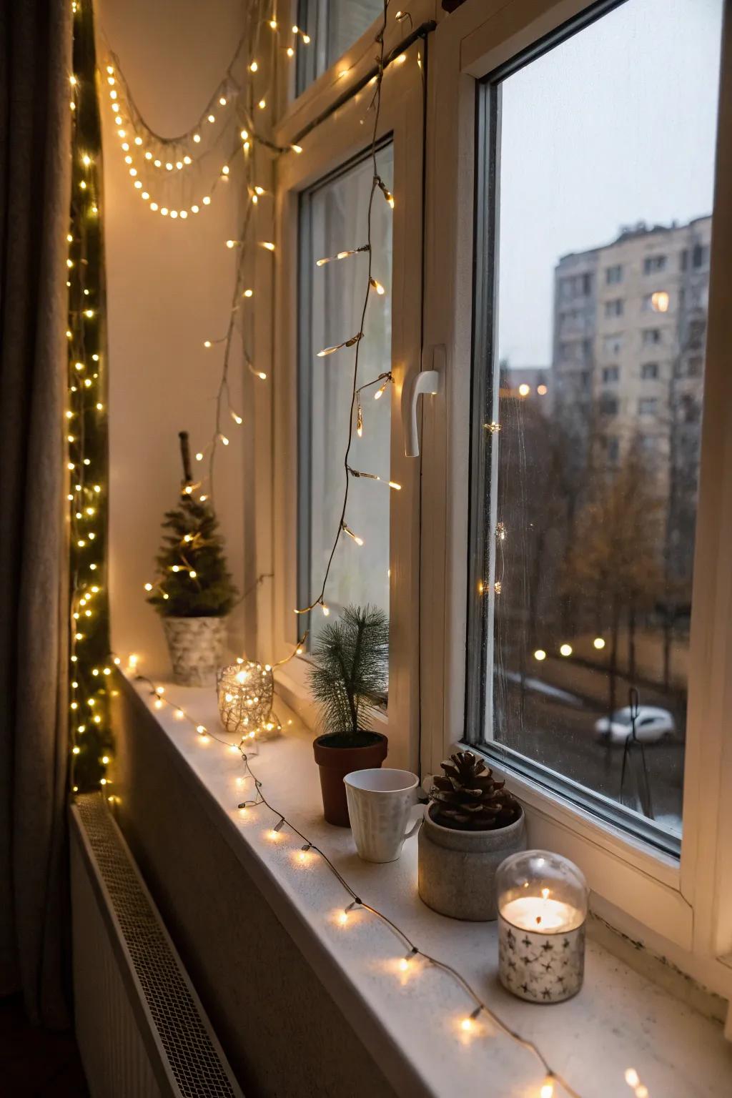 Fairy lights add a playful glow to this windowsill.