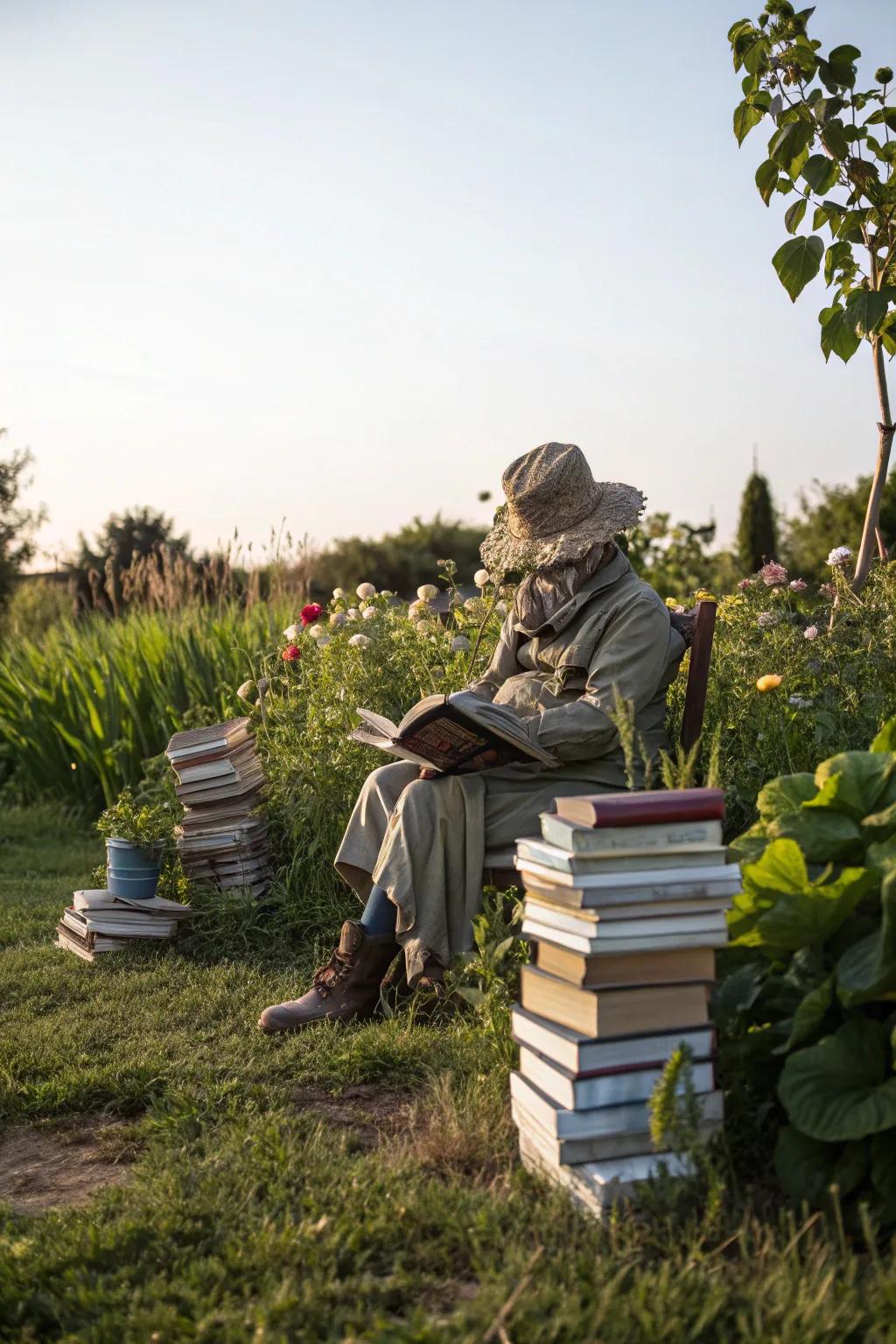 A bibliophile scarecrow reveling in a literary sojourn.