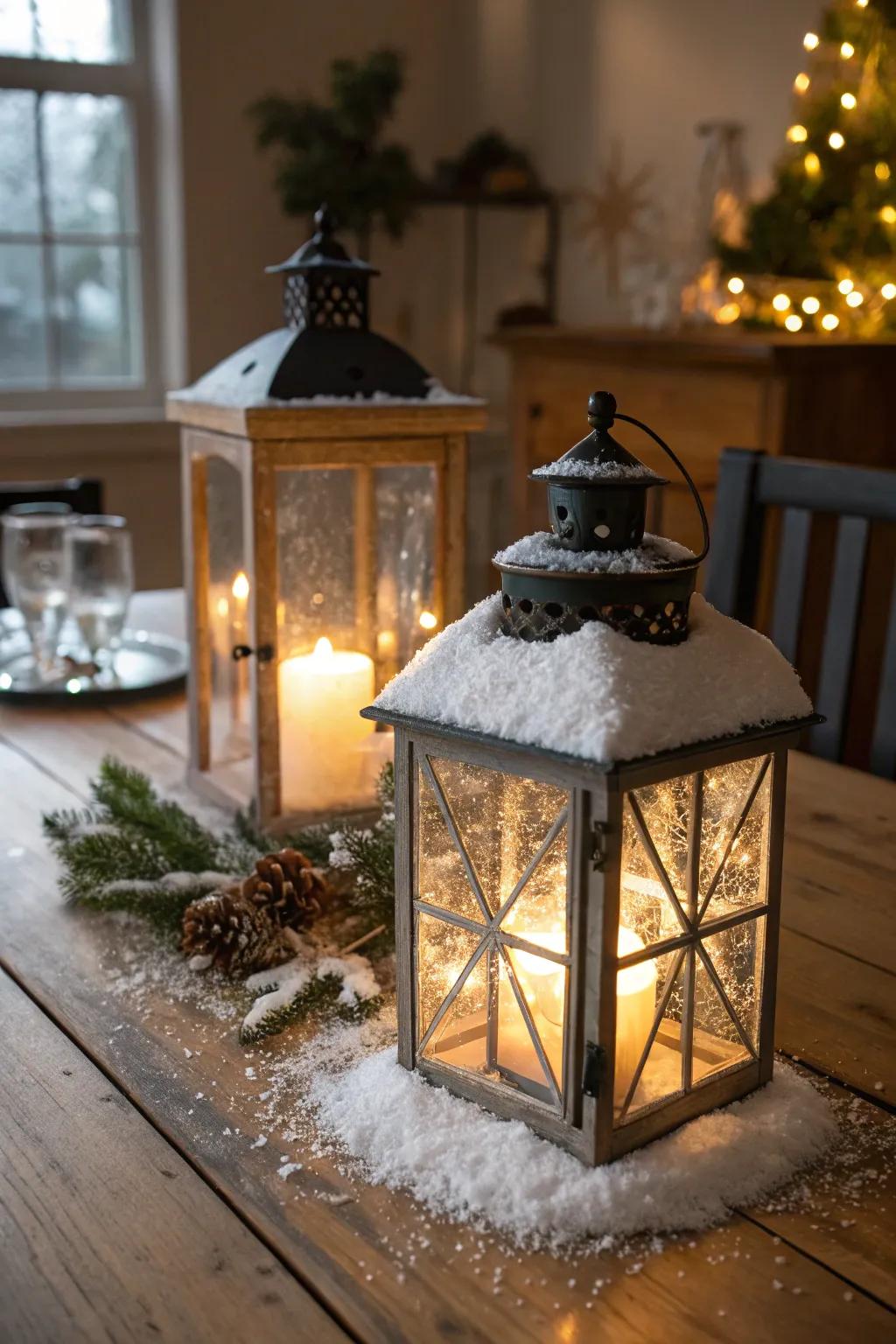 Snow-coated lamps contribute a magical shimmer to your décor.