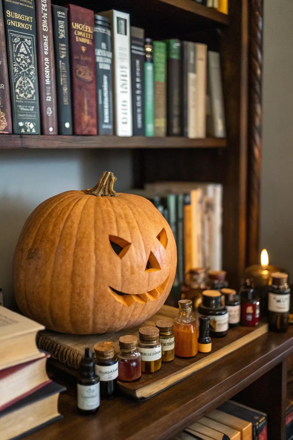 Jack-o'-lantern encircled by enchanting elixir phials.