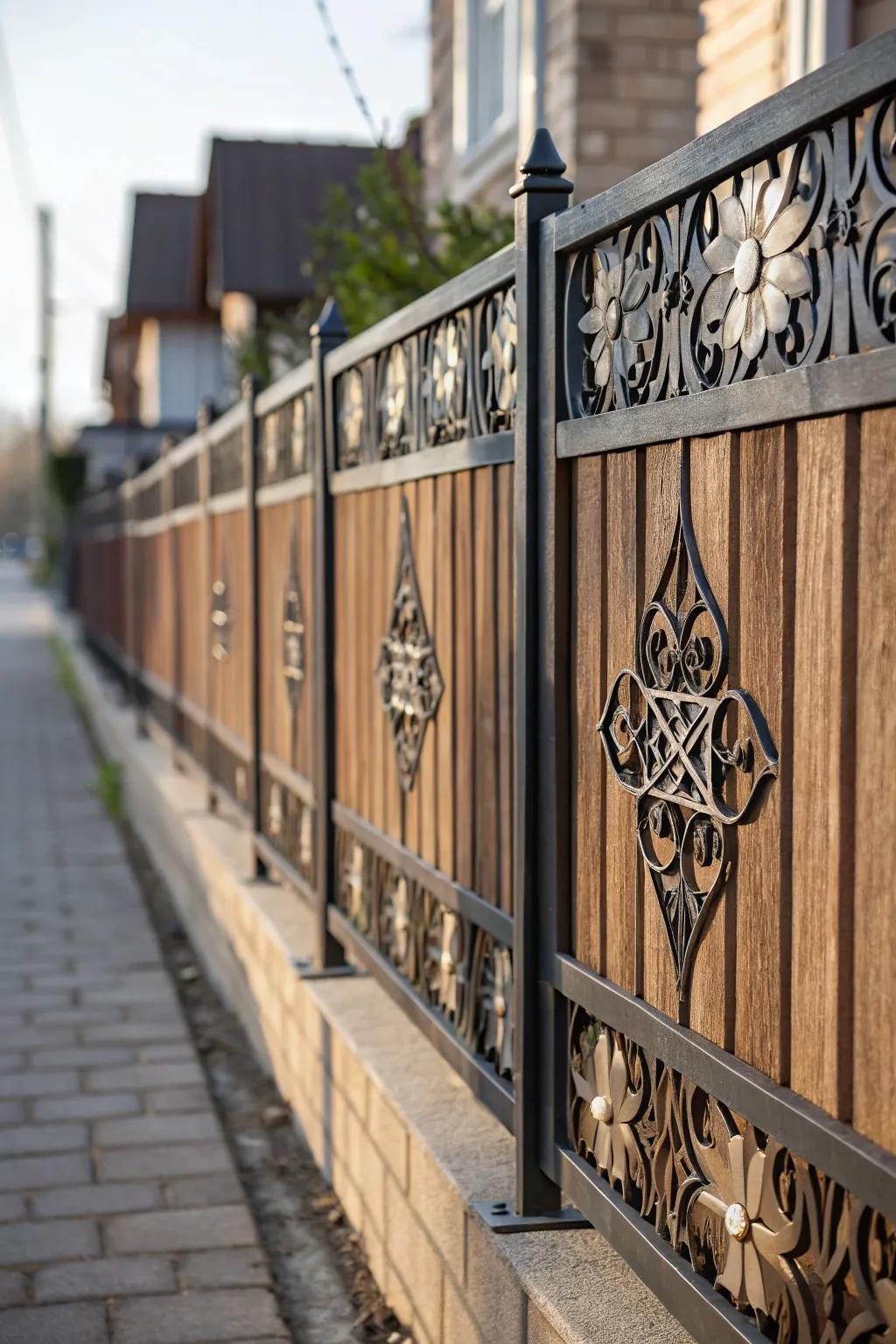 A fence with ornamental metal add-ins and wood panels.
