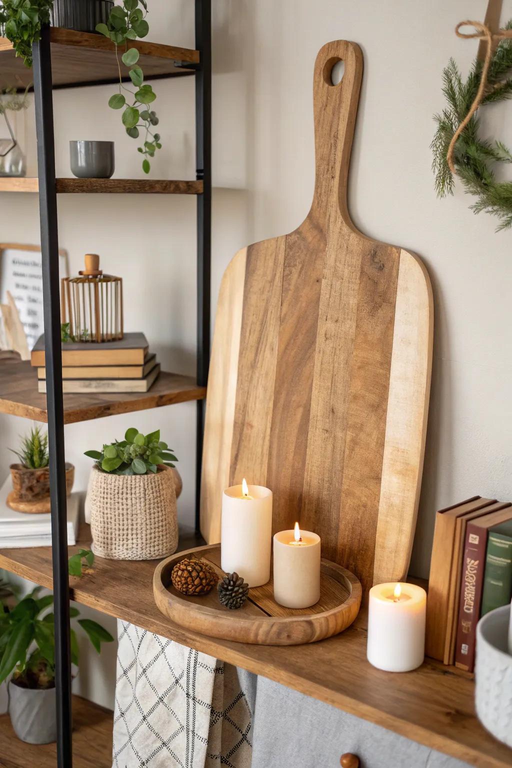 Enhance your shelf decor with a wood board backdrop.
