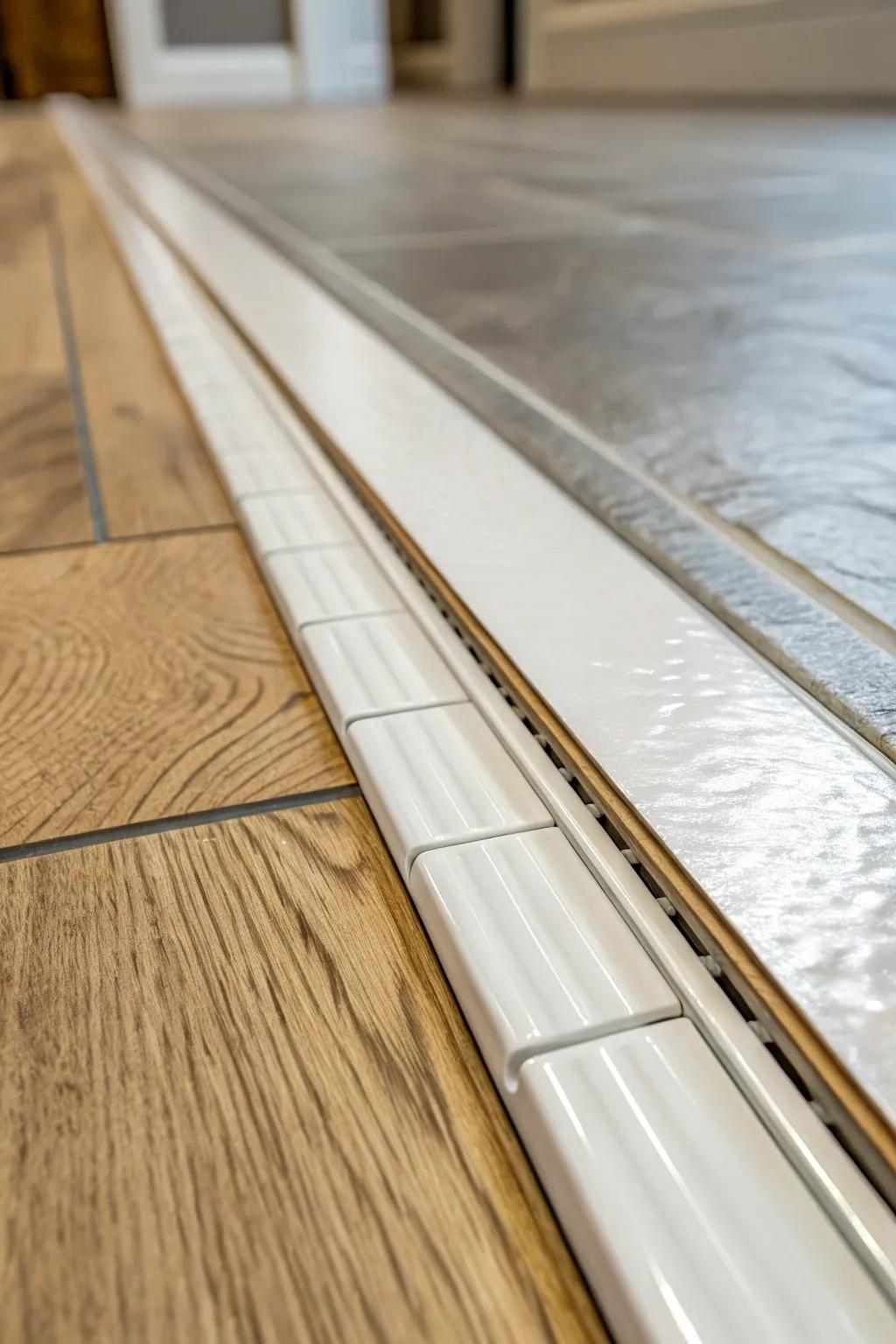 Close-up showing a T-track transition between tiled and wooden flooring.