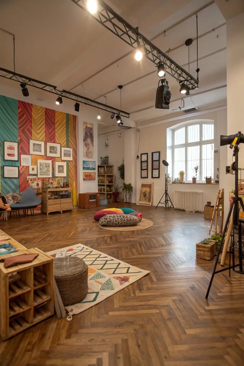 A creative studio displaying a custom wood pattern floor that reflects personal style.