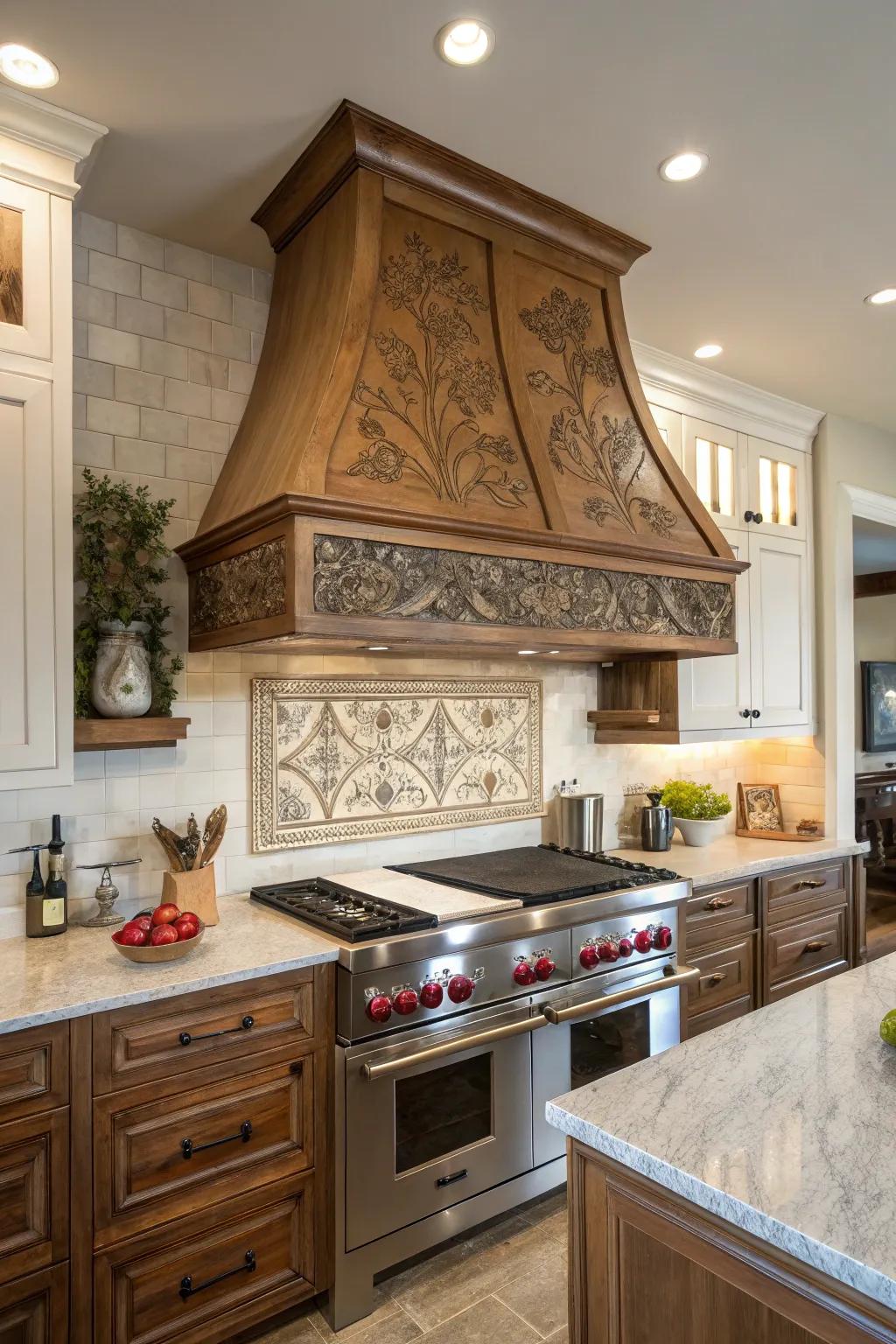 Artistic manifestation on timber chimney hoods injects distinctive persona.