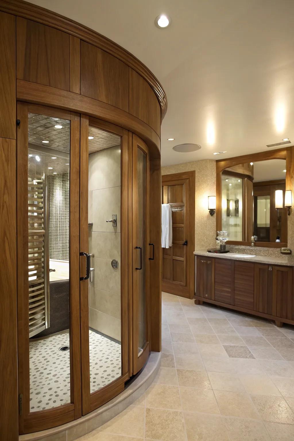 Curved wood doors add a soft and elegant touch to any bathroom.