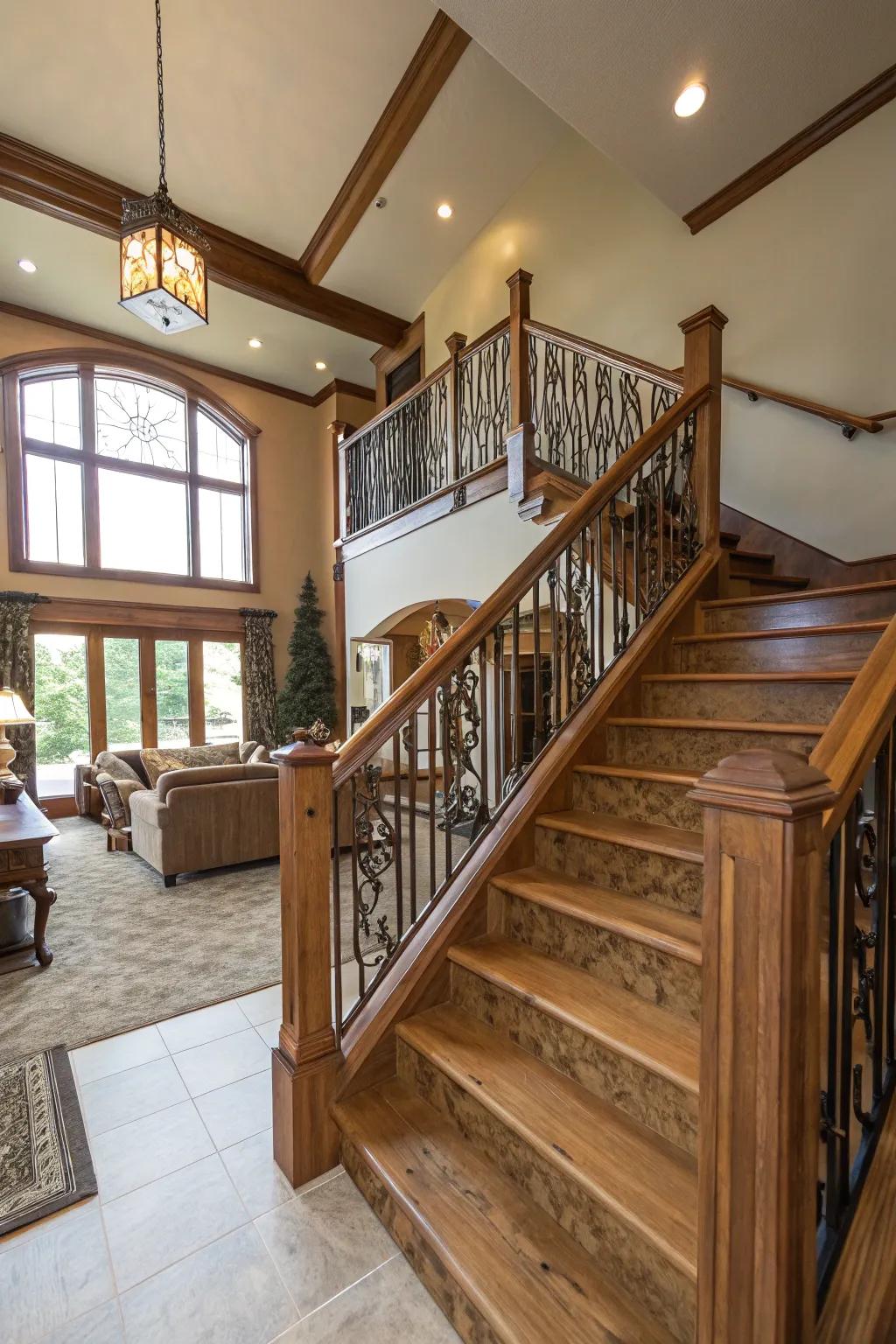 Cohesive flow: wrap-around wooden railings.