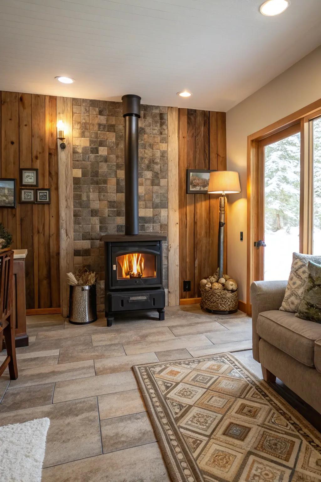 Wood-look tiles offer a cozy and inviting look for your wood stove space.
