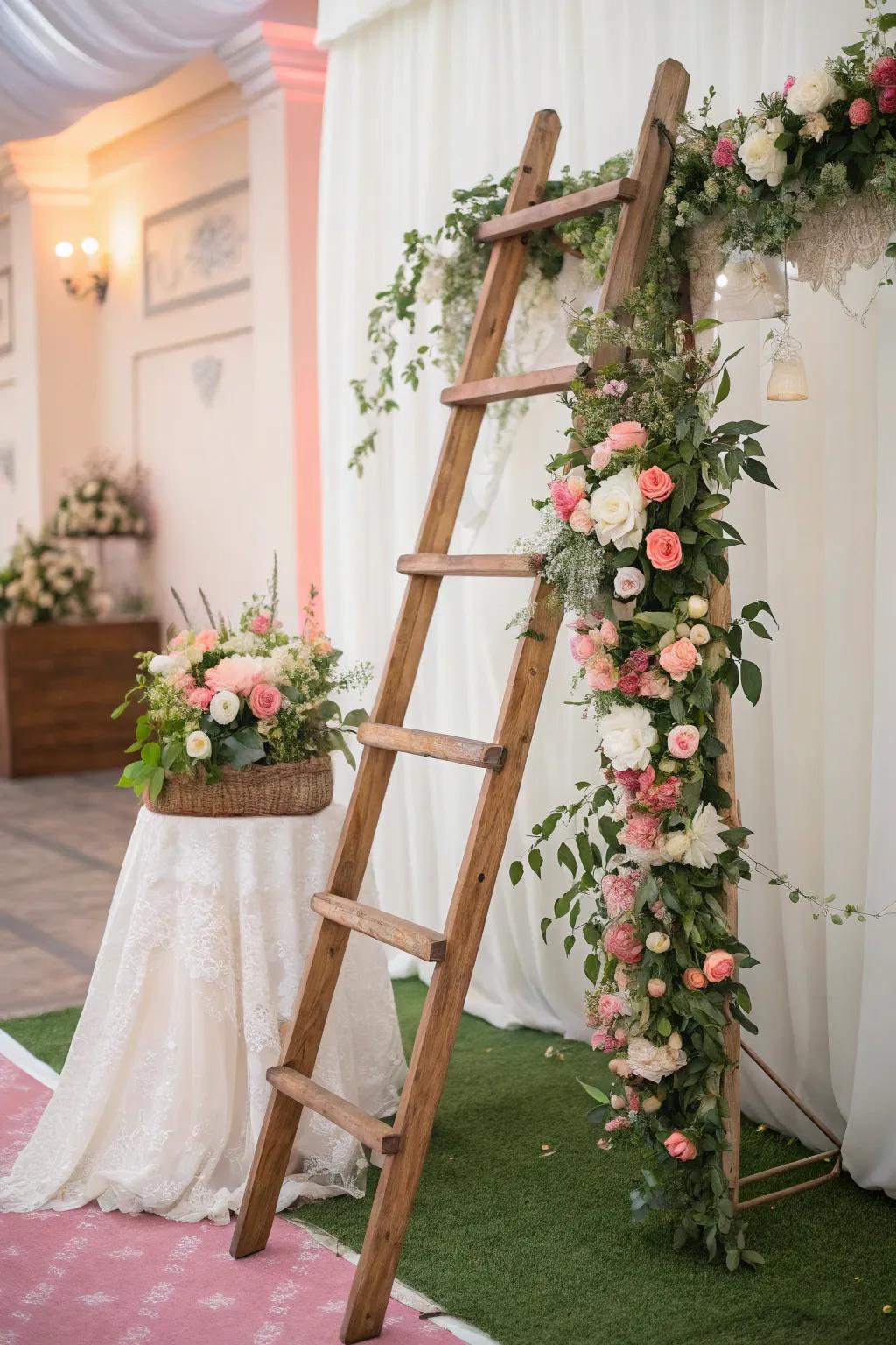 A timber ladder with flowers crafts an artistic and visually stunning wedding scene.