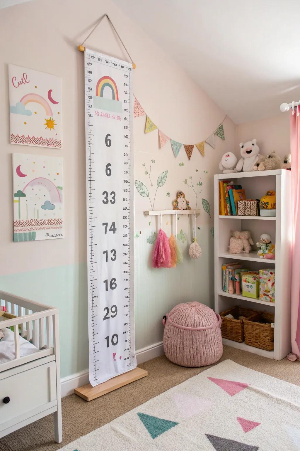 A height chart adds a personal, interactive touch to the room.