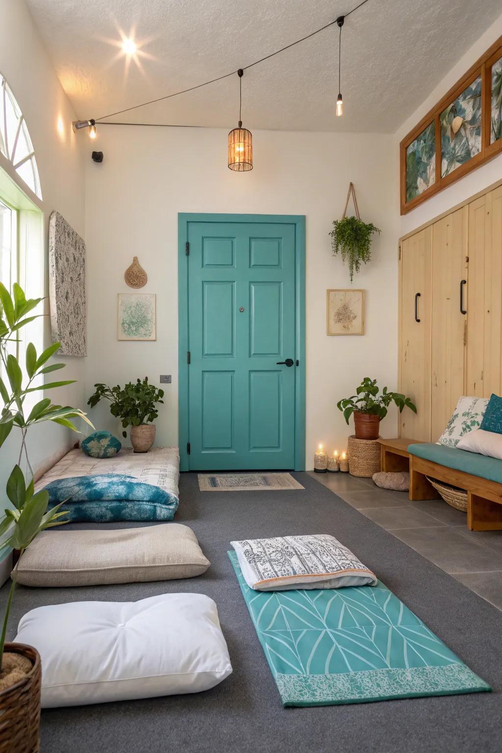 A turquoise 6-panel door adds tranquility to any peaceful meditation room.