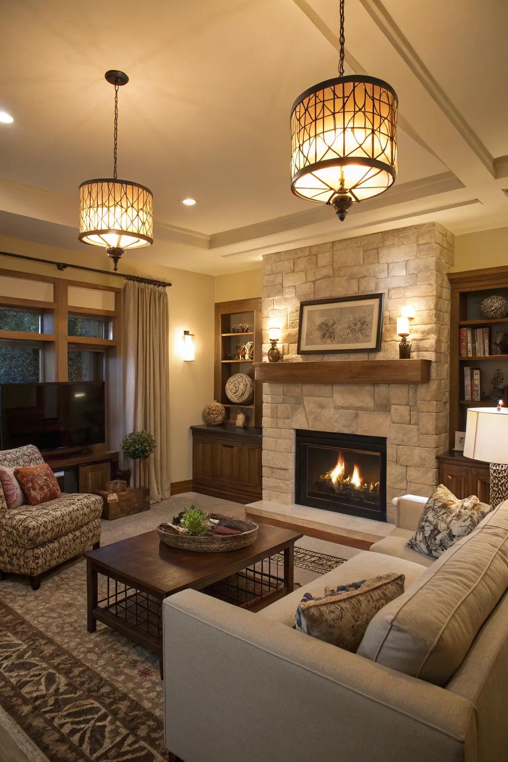 Modern illumination infuses a contemporary accent and accentuates the decor above the fireplace.