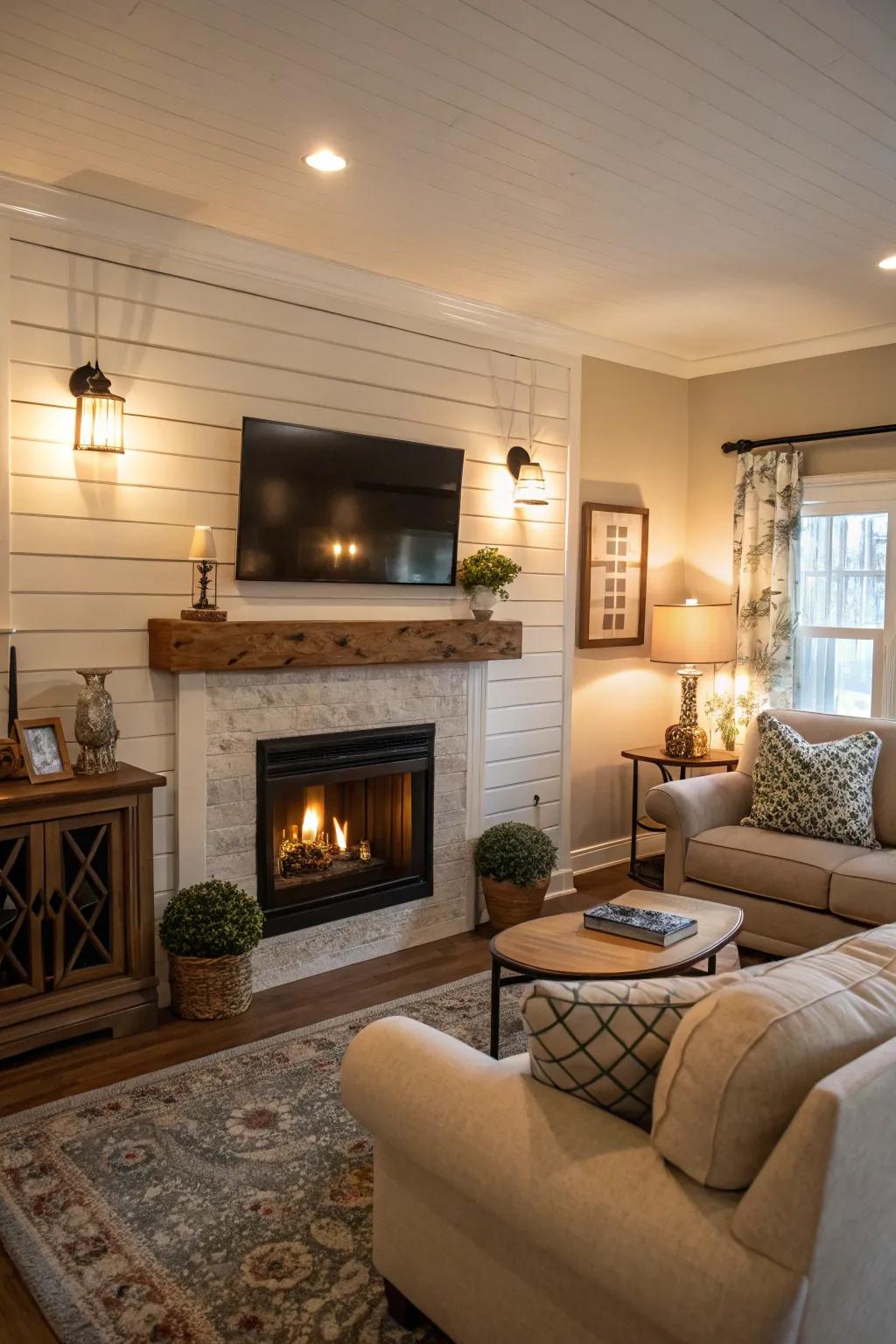 Shiplap introduces a charming farmhouse atmosphere.