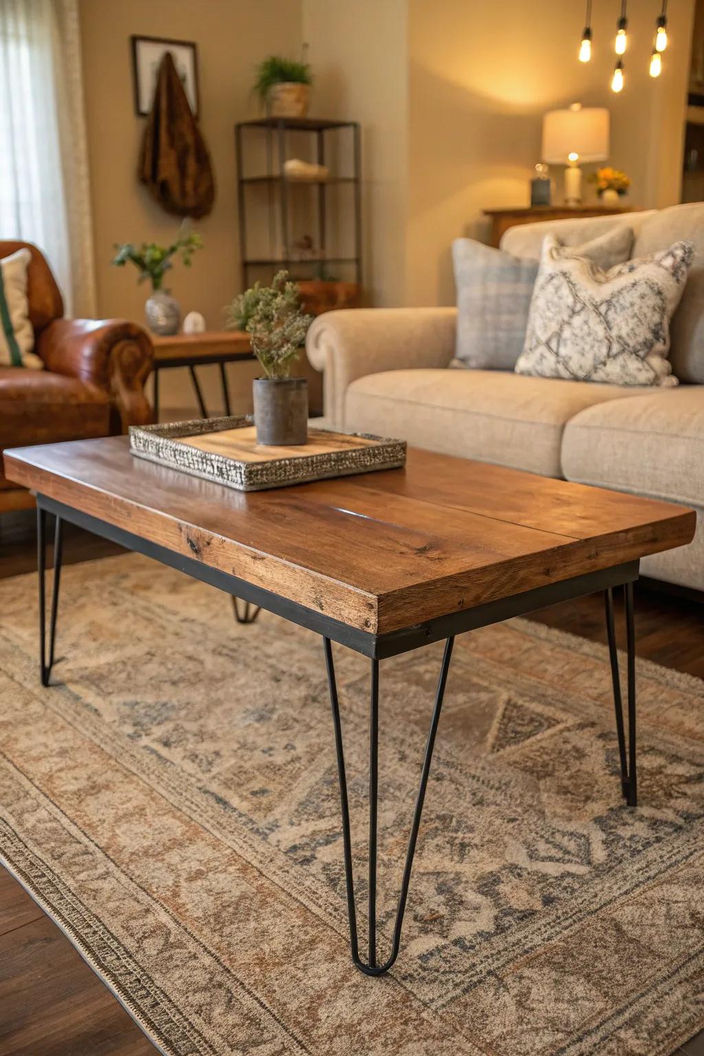 Create a statement using a center table that blends materials.
