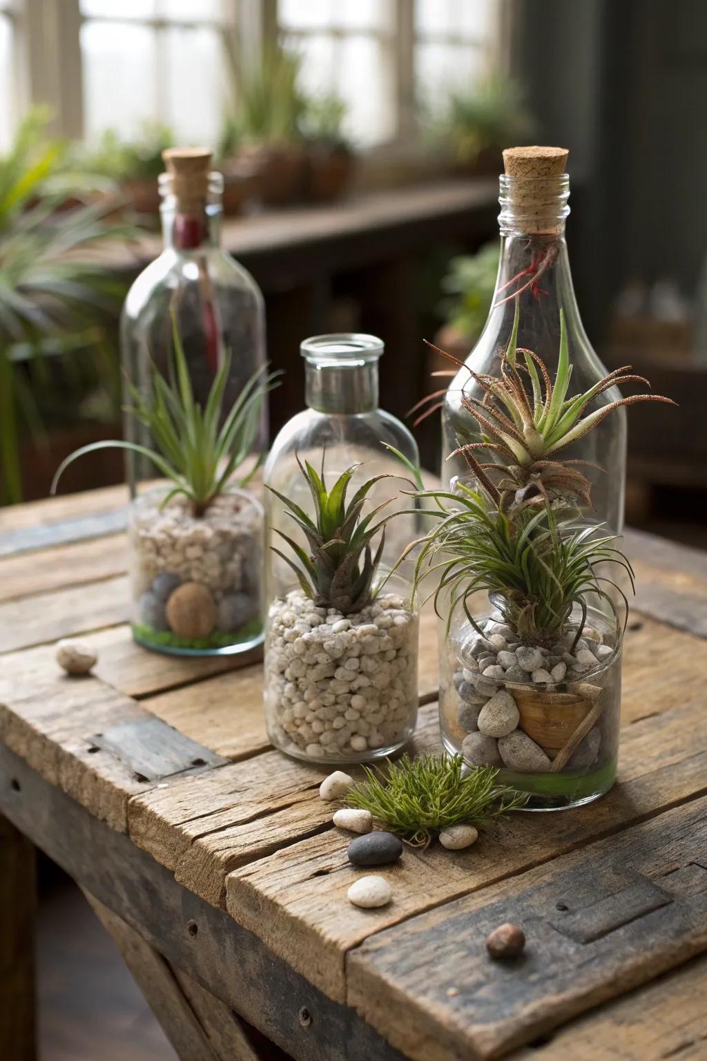 Repurposed glass bottles compose charming air plant exhibits.