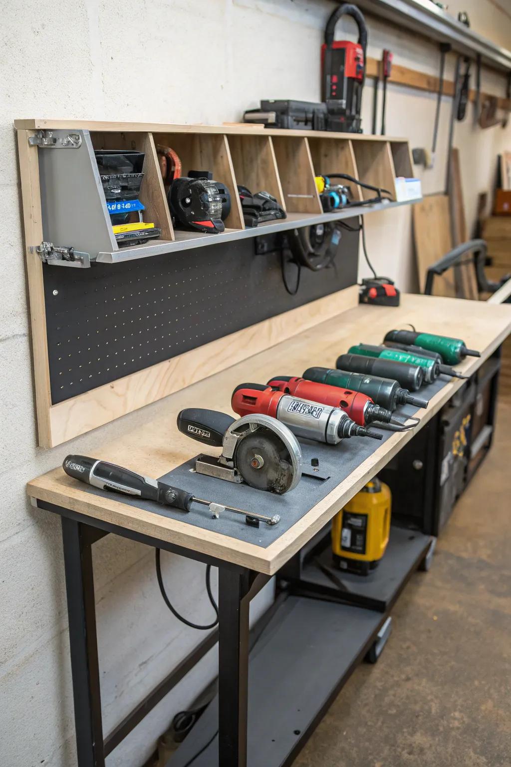 Area-saving fold-down wall table for storing and working.