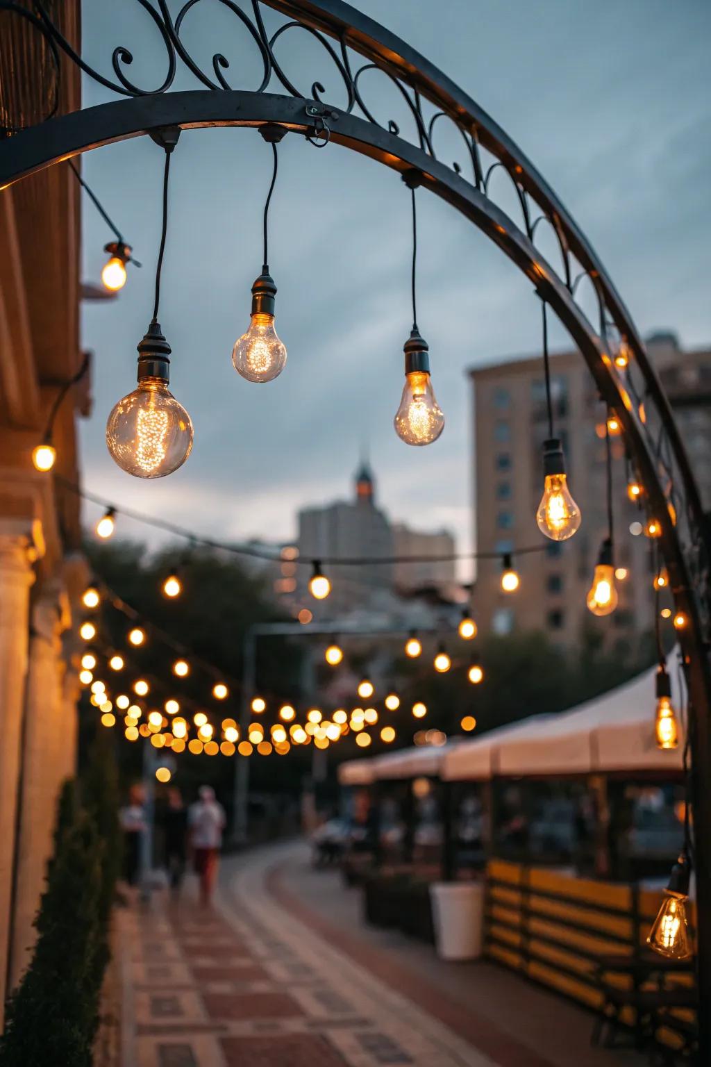 An industrial-chic arch with artistic light bulbs for a striking effect.