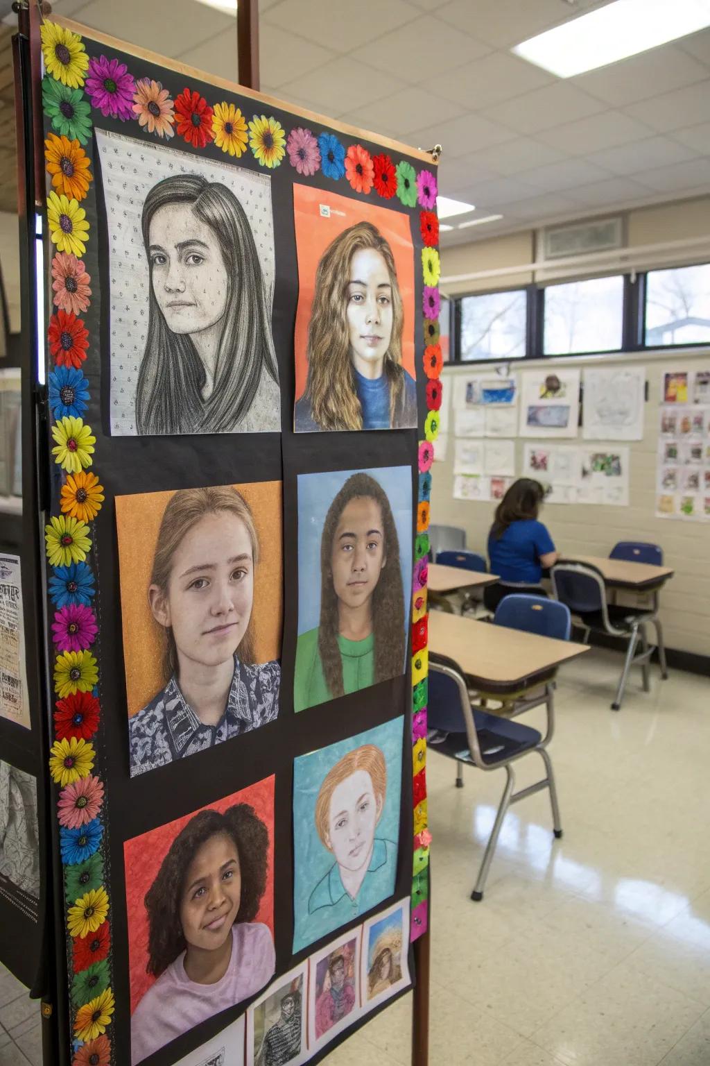 A display board featuring artistic self-portraits created by students.