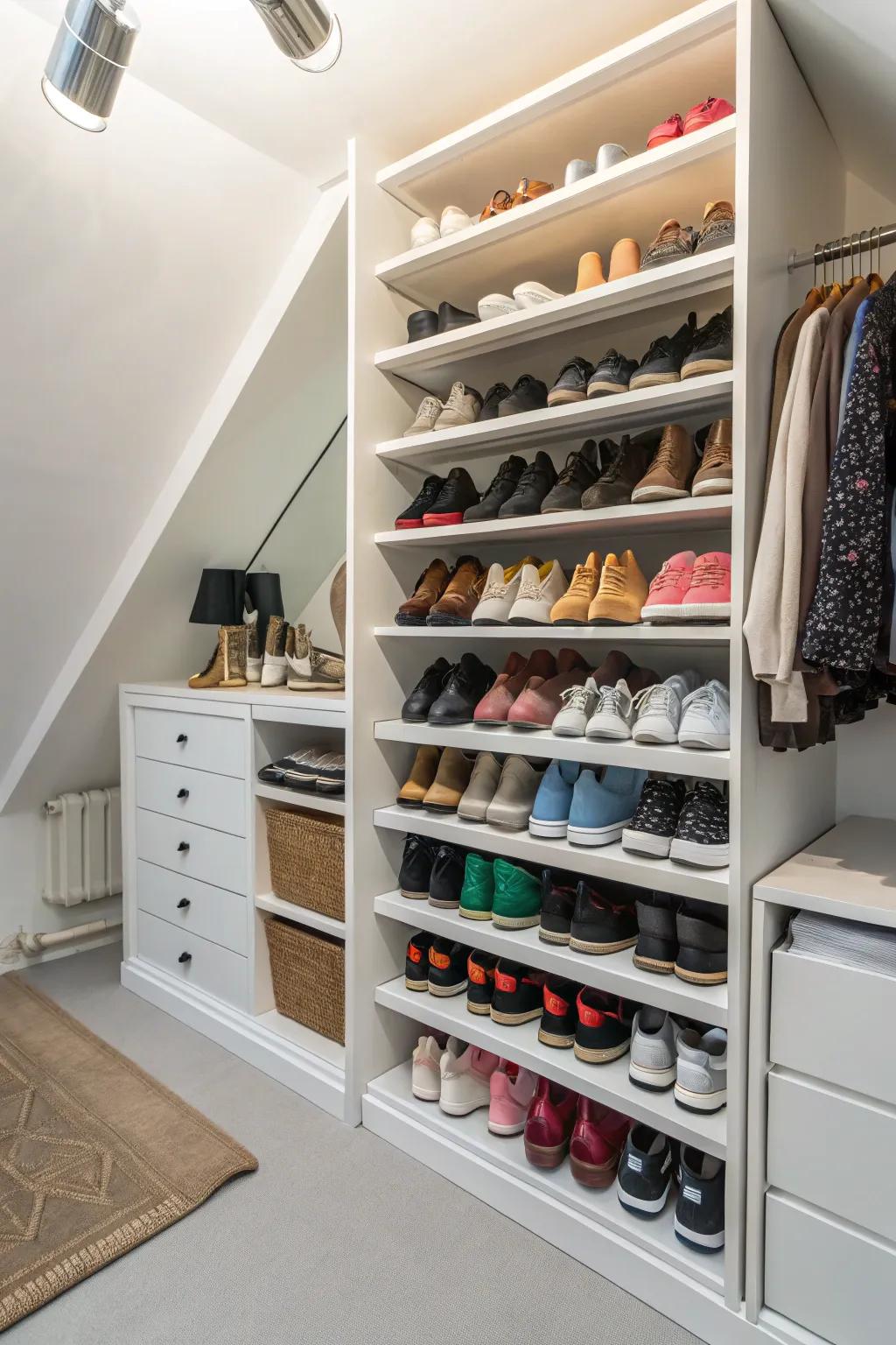 Multi-tiered racks maximize shoe storage effectively.