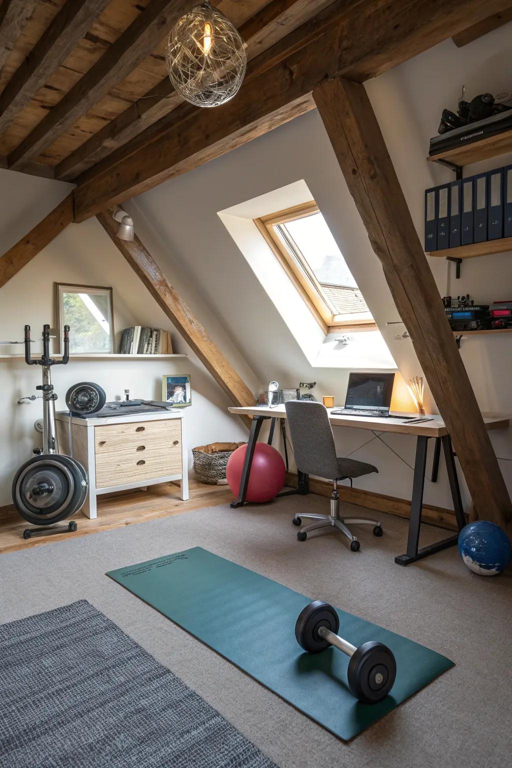 An attic that serves two purposes, blending fitness and work.