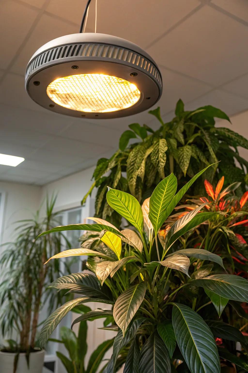 Mounted ceiling grow lights injecting drama into an indoor flora assemblage.