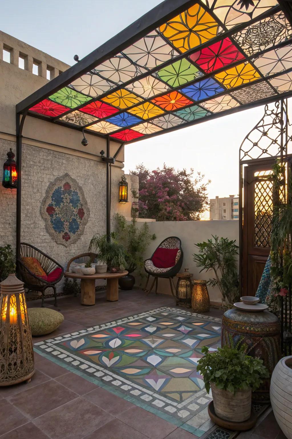 Include artistic flair through a stained glass awning.