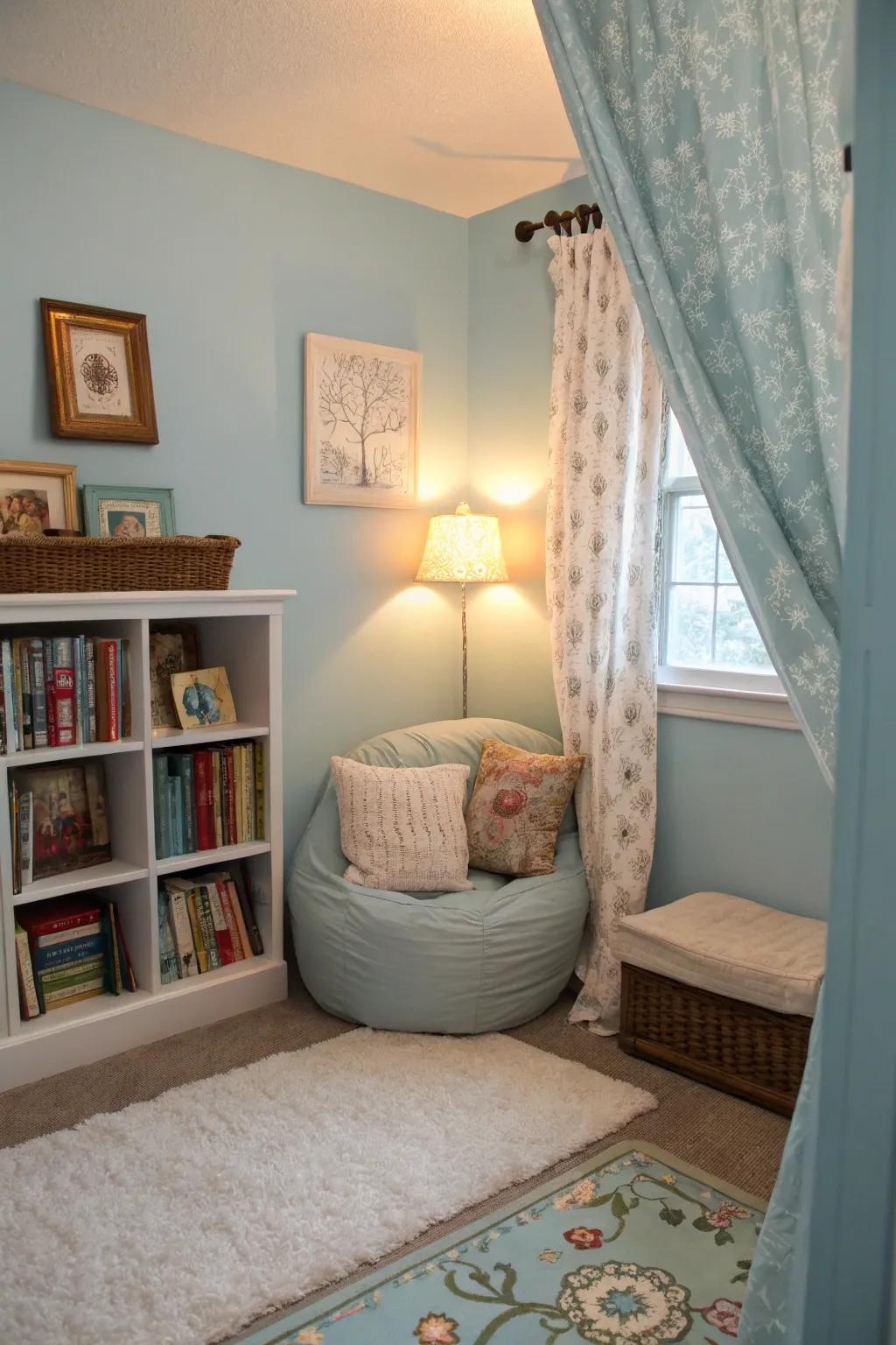 A relaxing nook enhances the comfort of a pale sky-themed bedroom.