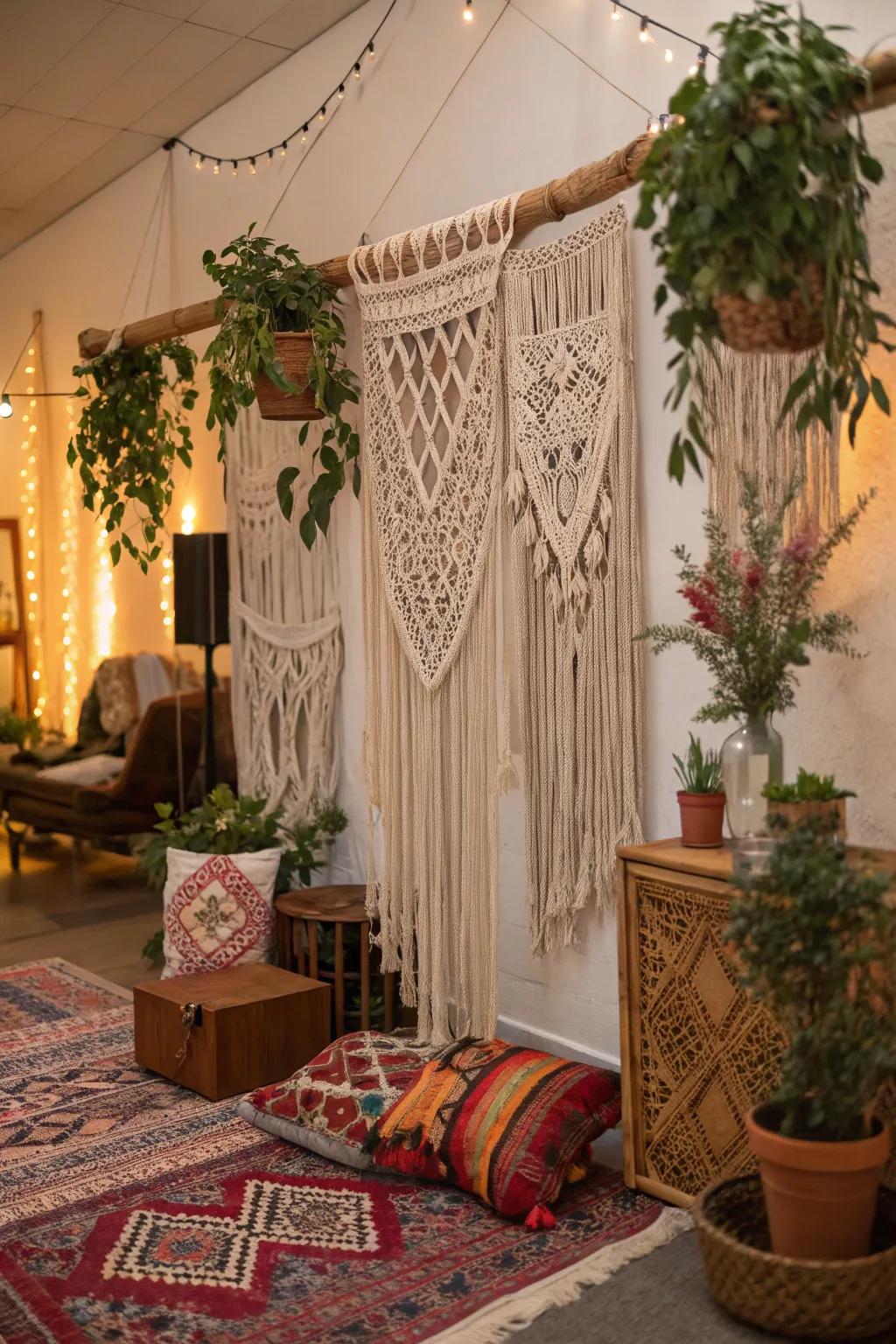 Introduce bohemian charm with a macrame backdrop.