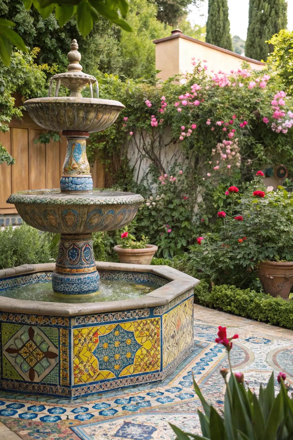 A mosaic tile cascade brings vibrancy and artistry to your outdoor area.