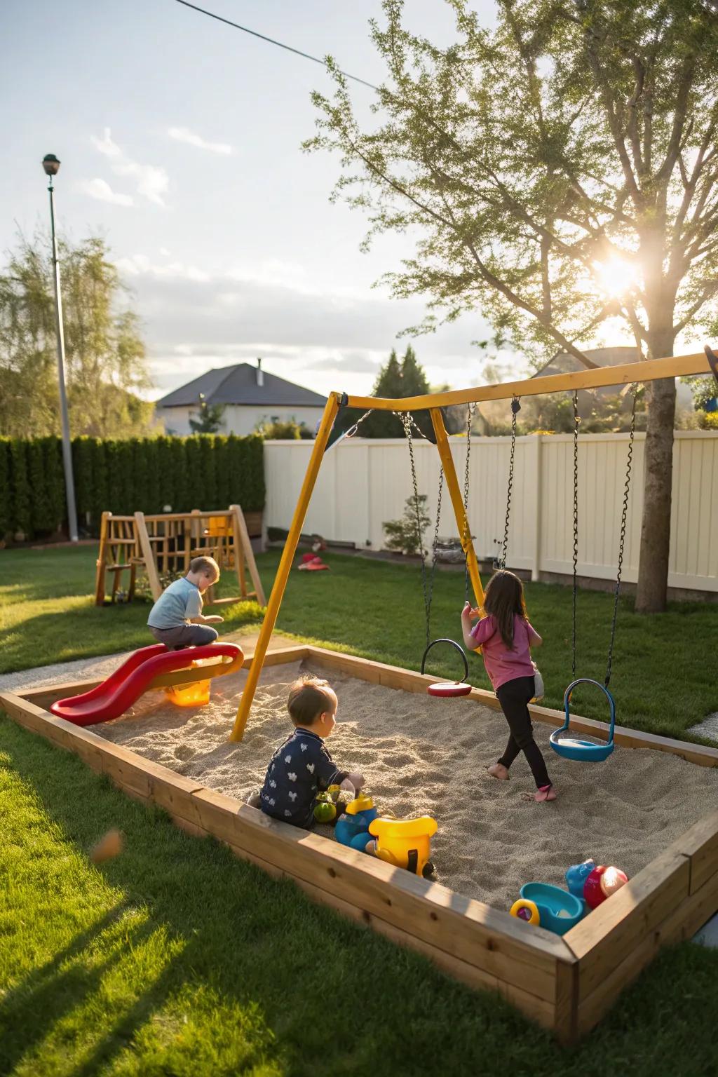 Children's play zones render the backyard a joyous space for the entire household.