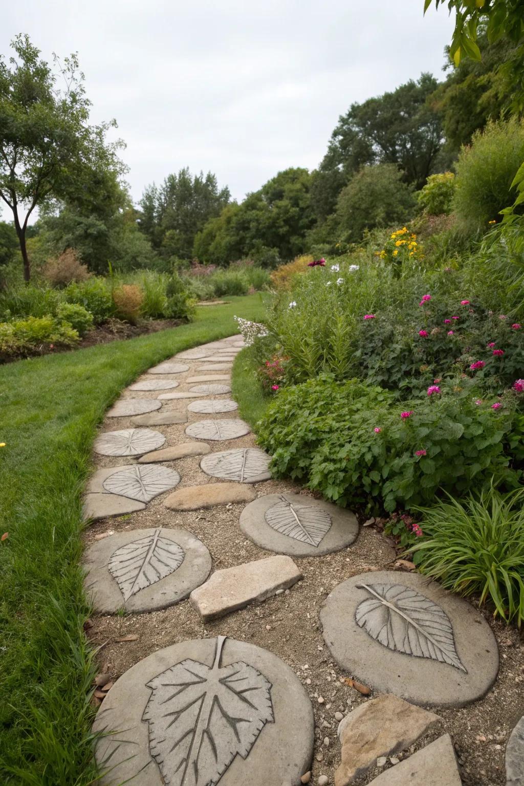 Artistic renditions personalize stepping stones using organic beauty.