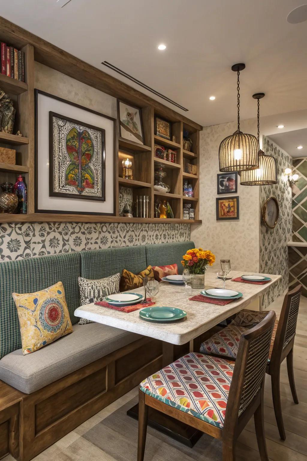 An eclectic dining room showcases a mix of textures and patterns on banquette seating.