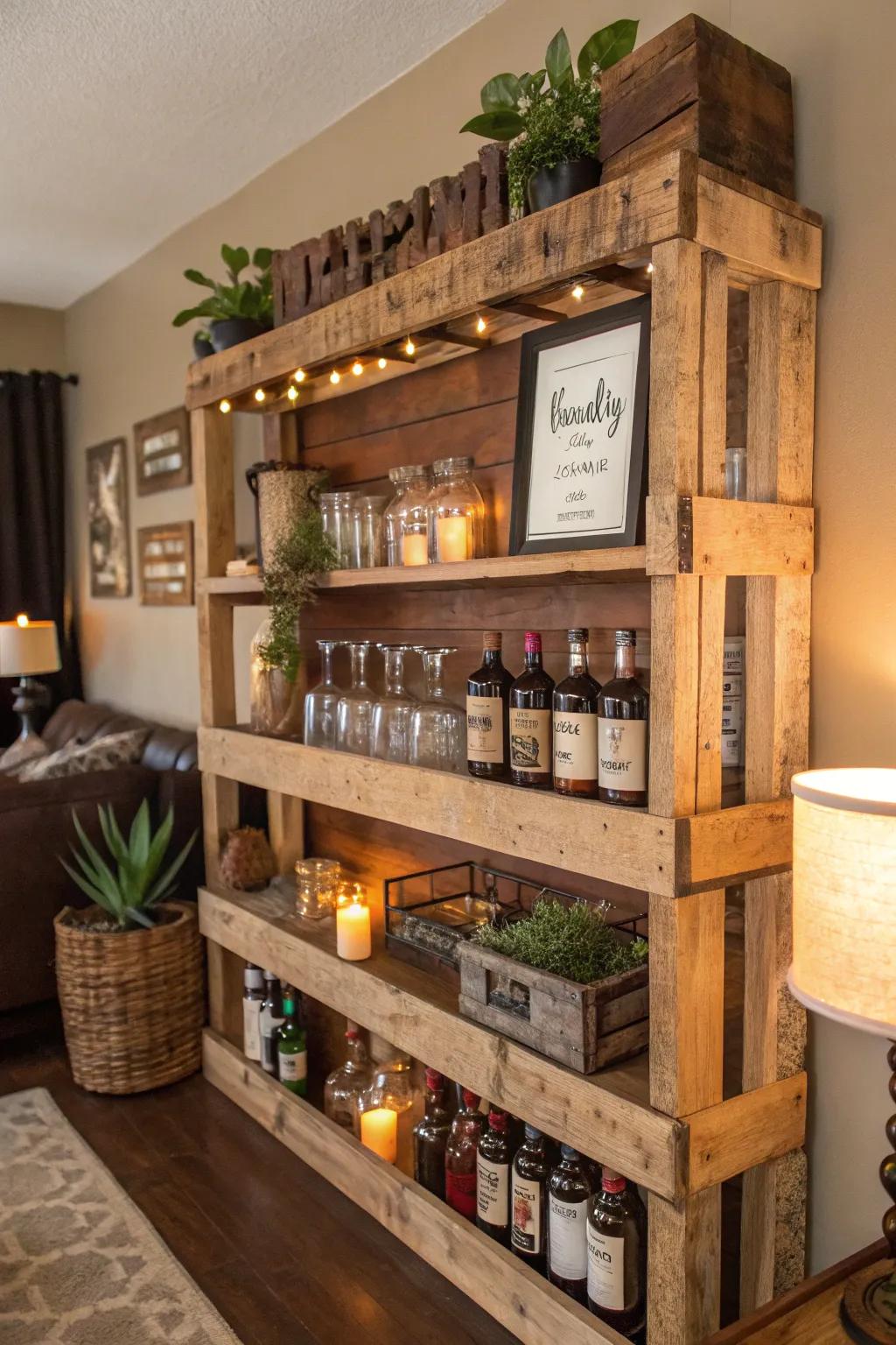 Pallet boards contribute countryside charm to your bar.