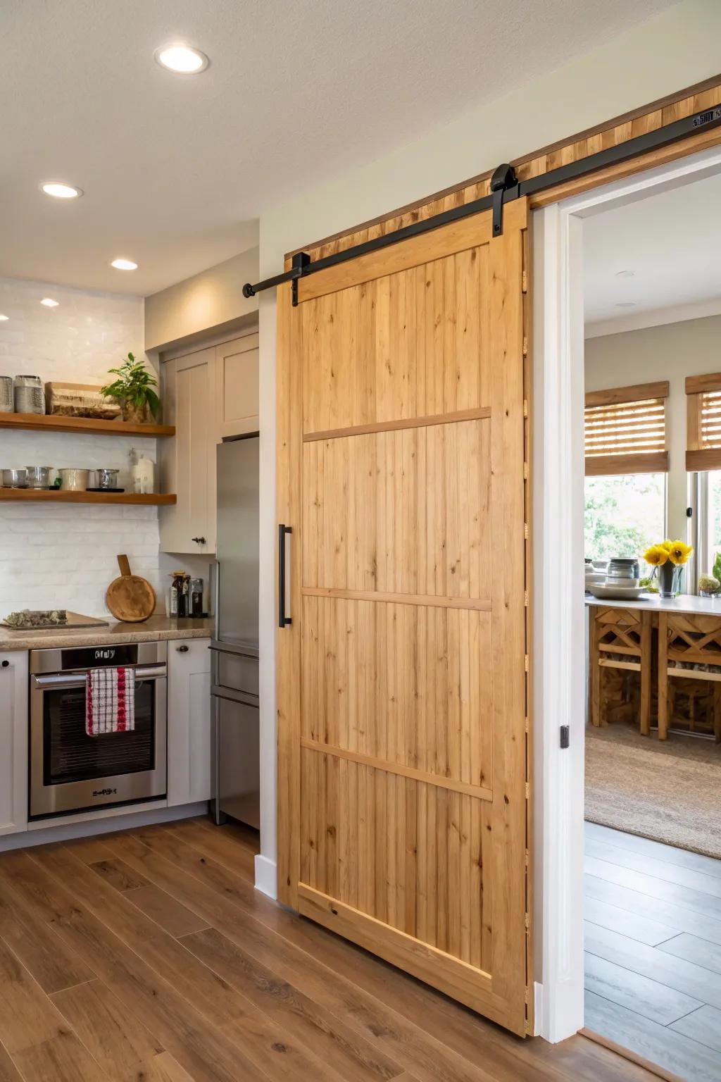 A kitchen featuring a sliding barn door pantry made of cane.