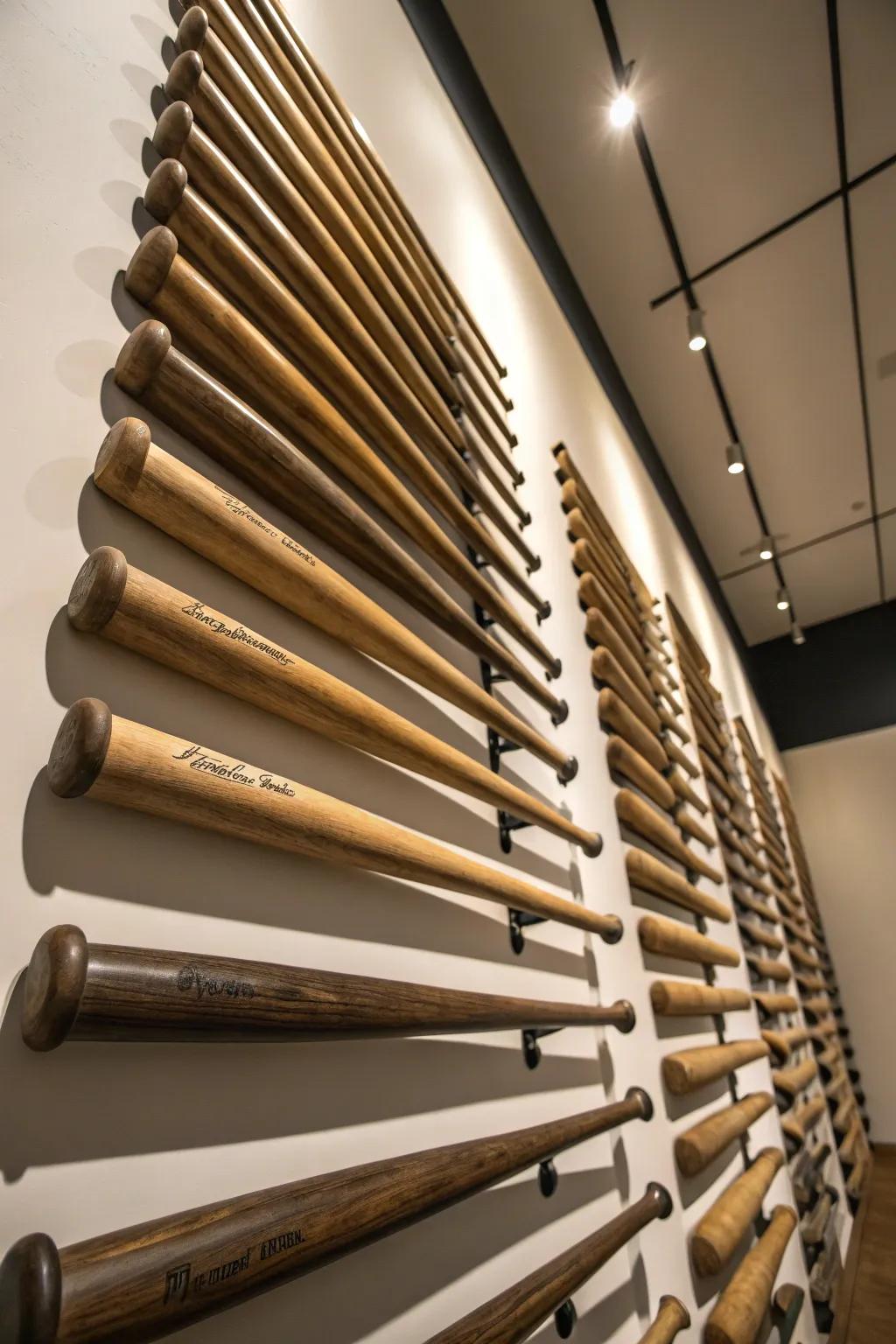 The vertical bat installation introduces action to the decor.