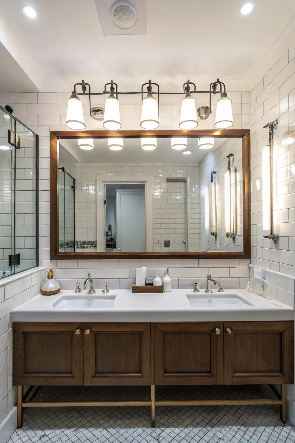 Mirrored units amplify light and space within the bathroom.
