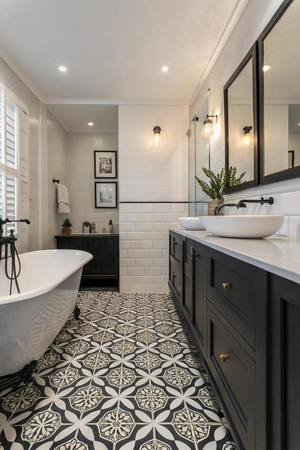 Monochrome floor covering adds timeless sophistication to this elegant bathroom.