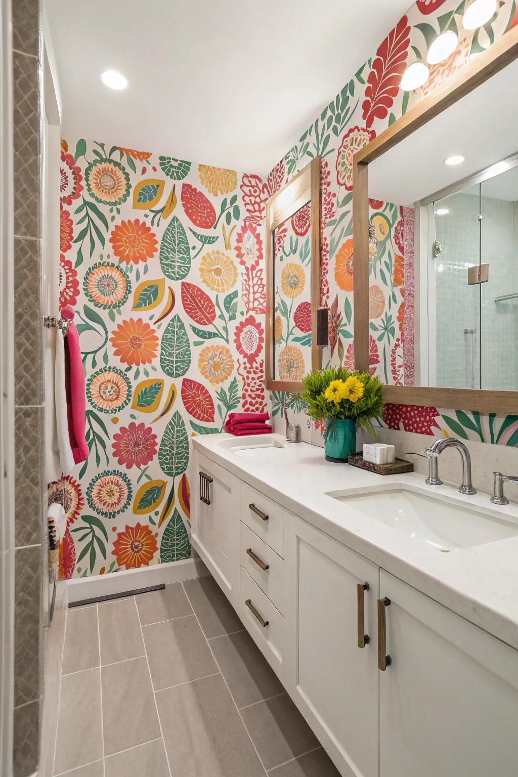 Vibrant motifs transform restroom walls into artistic announcements.