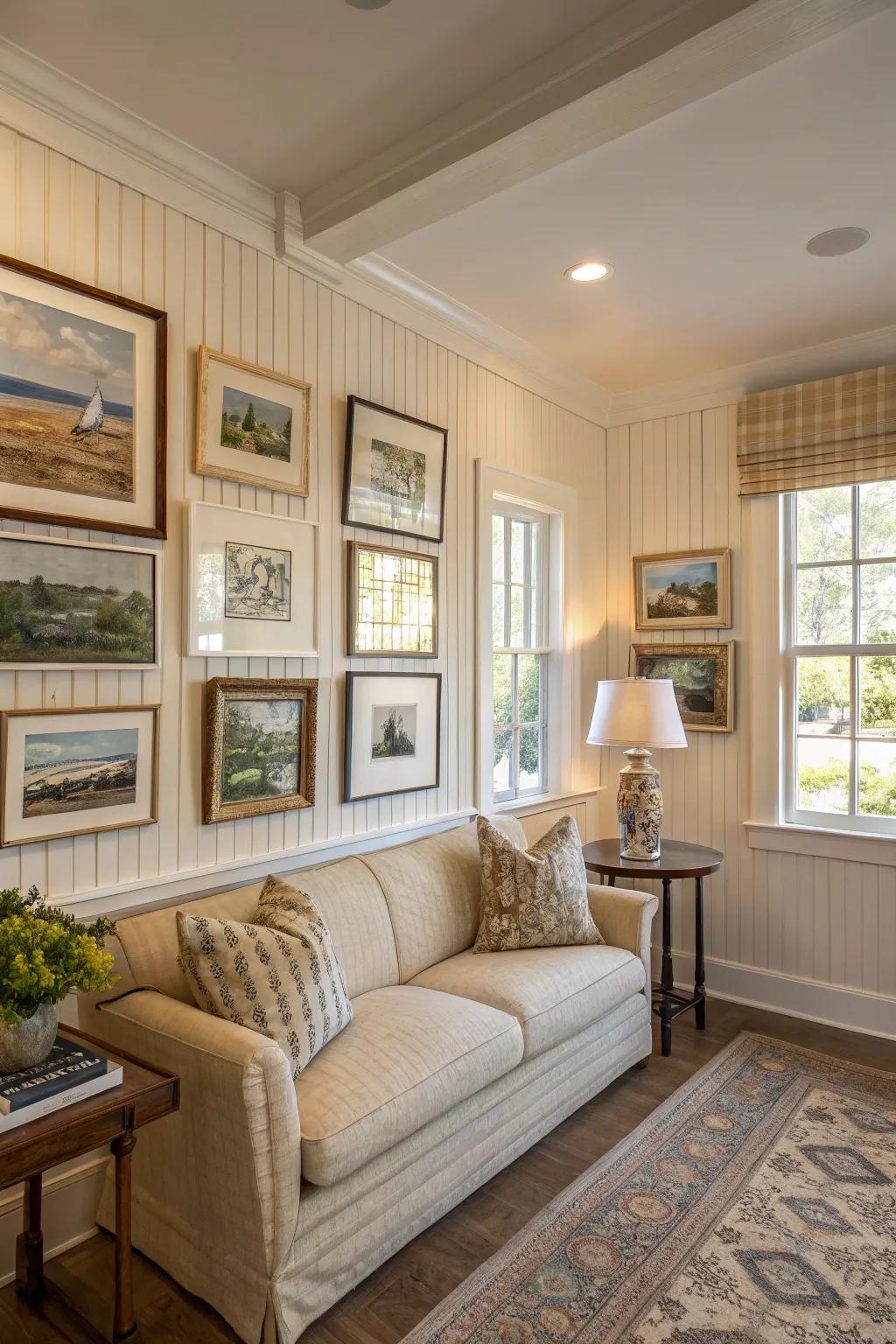 An artistic living area with neutral planking walls.