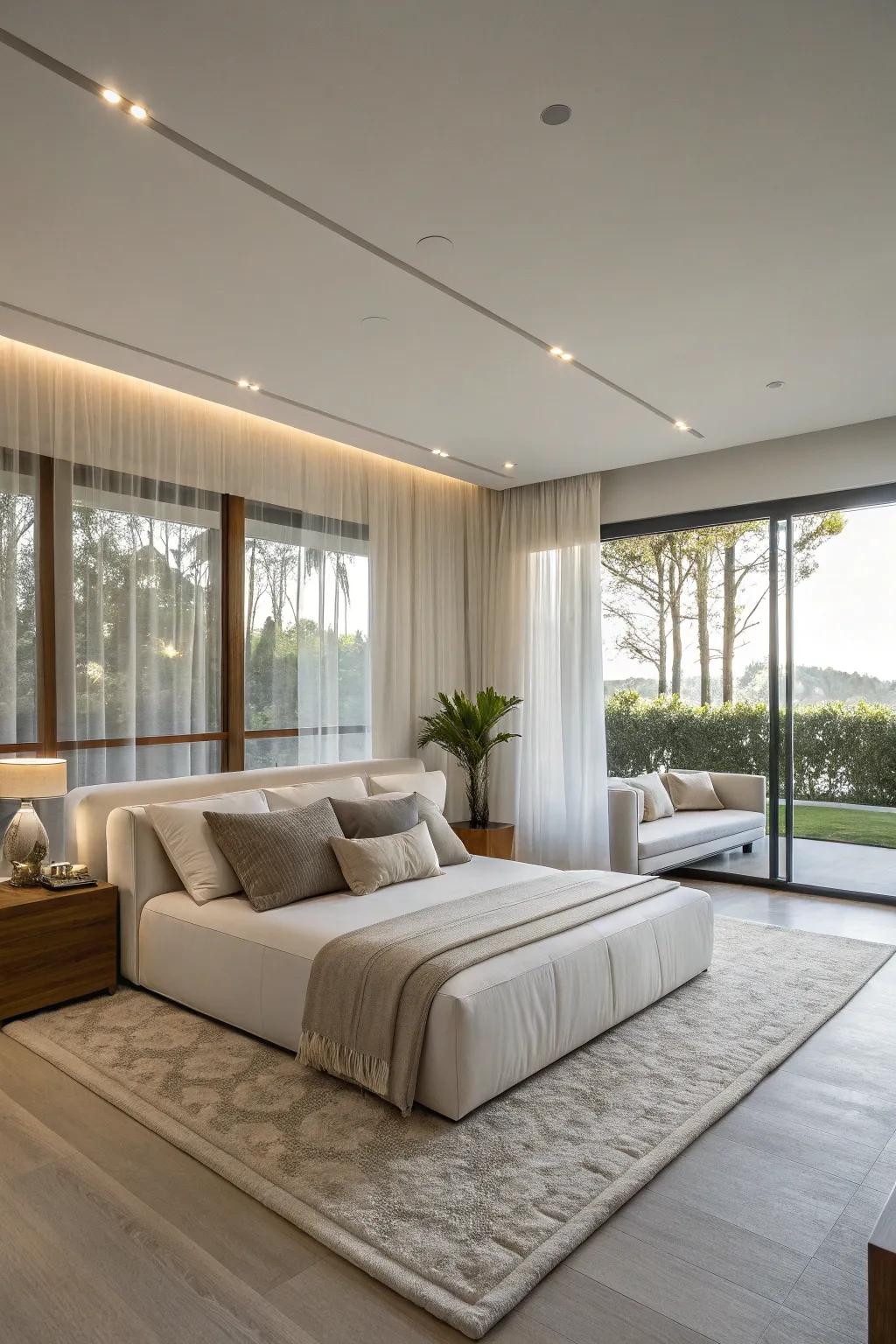 A cutting-edge sectional in a sleeping quarters, providing ample seating and modern design.