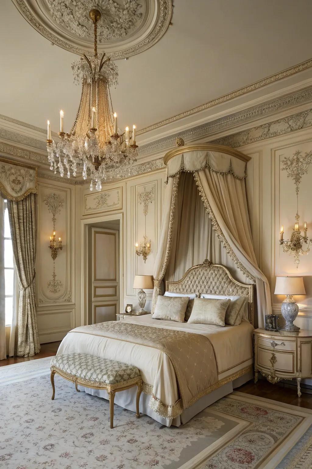 Fancy small parts and posh decor bring French class to this luxe bedroom.