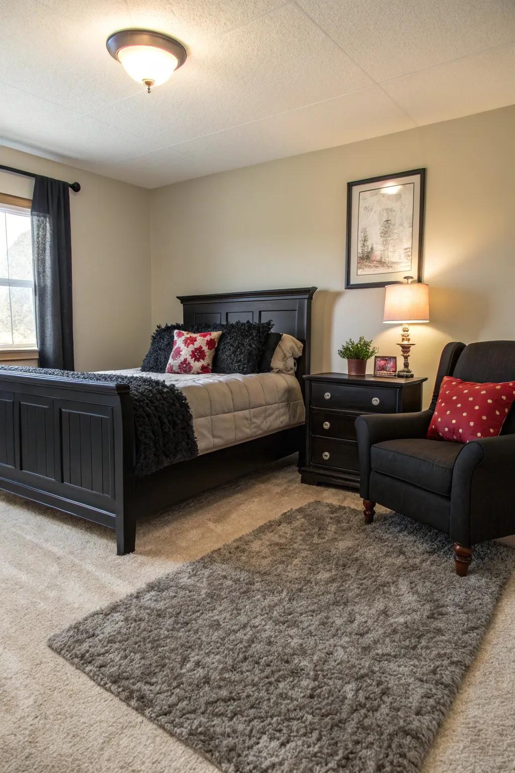 A plush rug softens and balances a bedroom enhanced by bold black furniture.