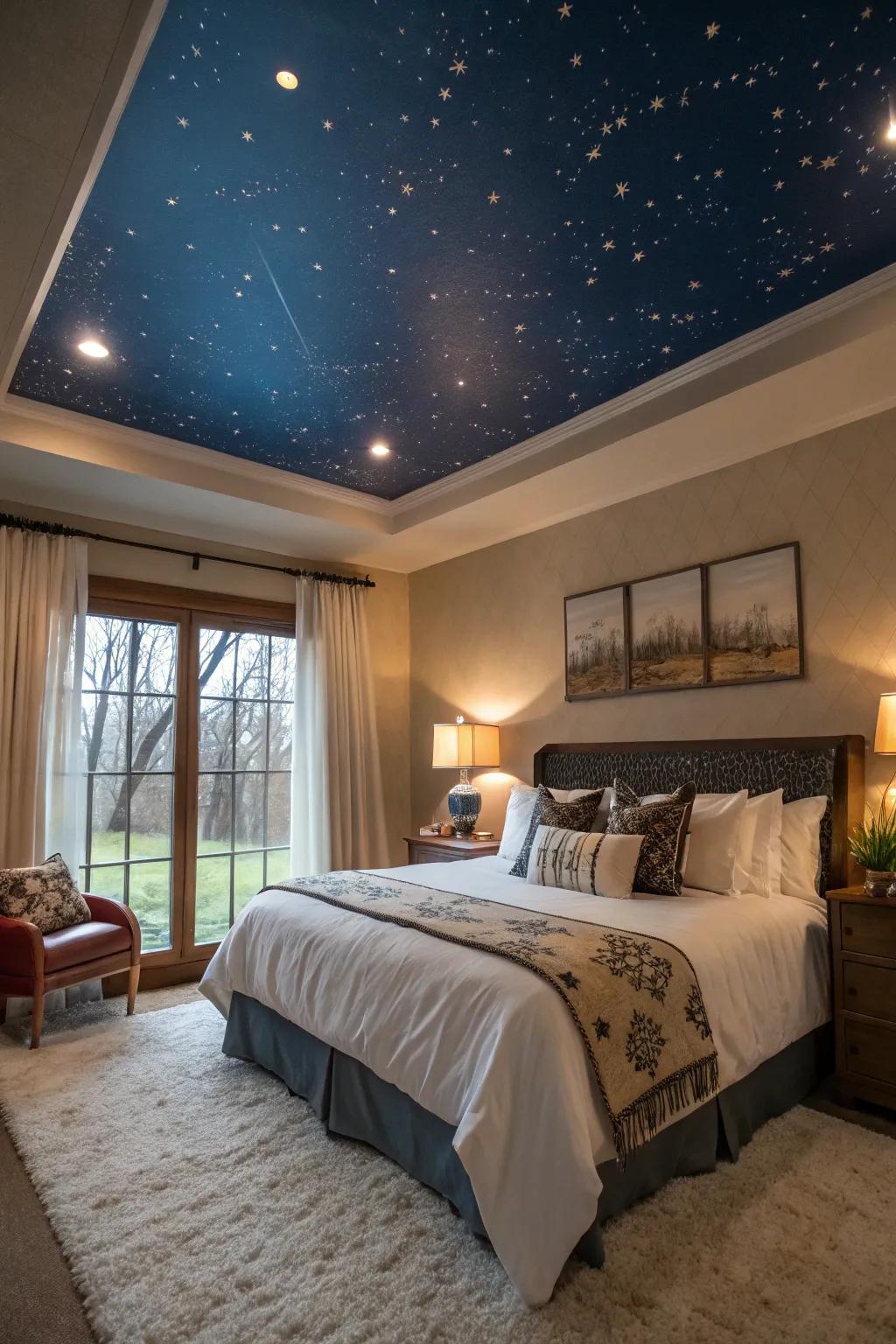 A bedroom that surprises with its bold and beautiful feature ceiling.
