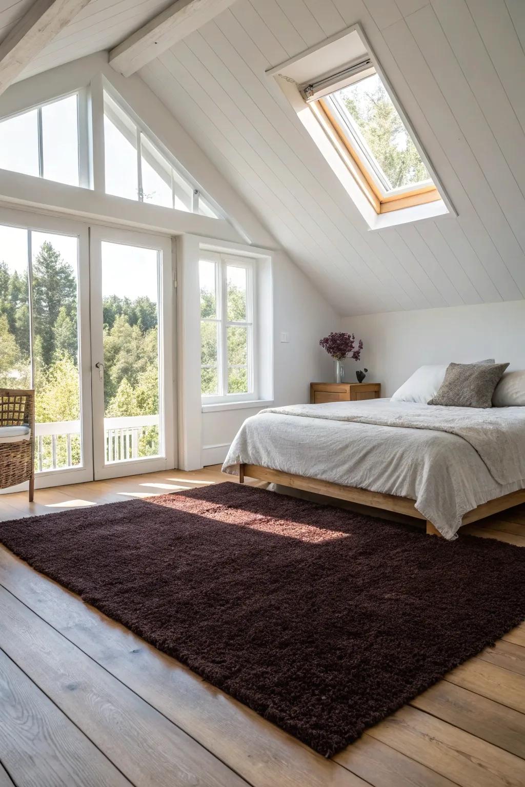 Dark rugs provide striking contrast and sophistication.